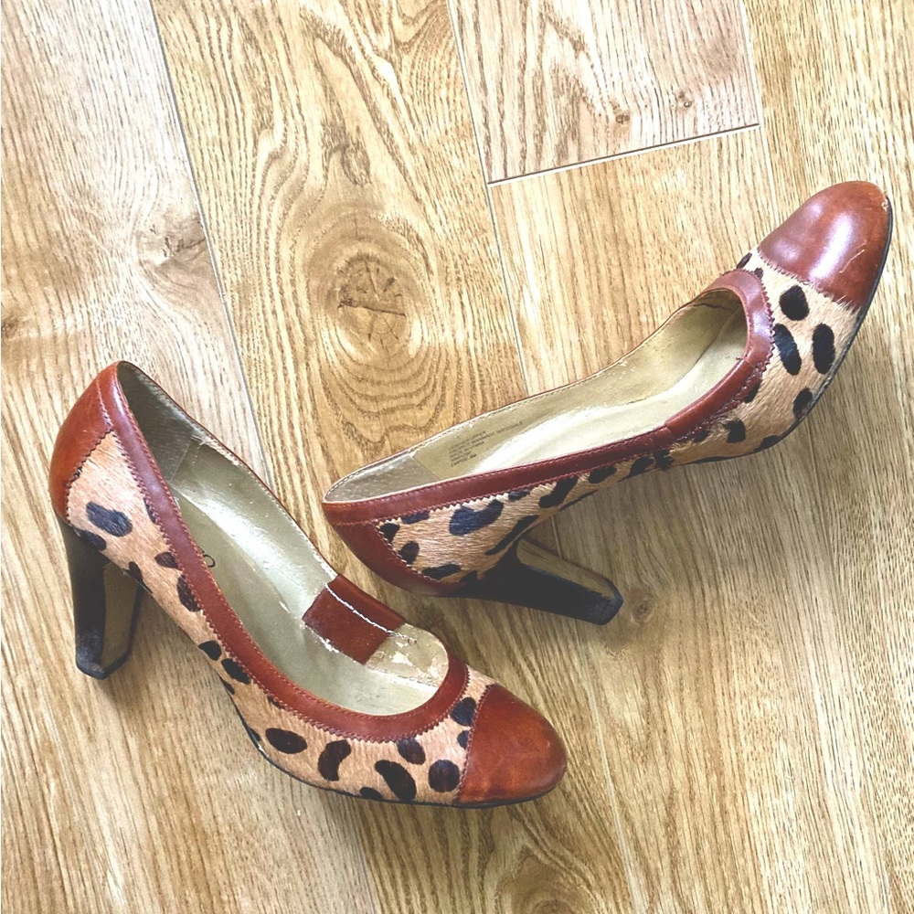 FRANCO SARTO Leopard Print Pony Hair Pumps w Leather Toe Cap & Heel Back size 9